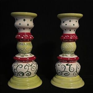 Artisan Ceramic Candle Holders - Red, Green, and Cream